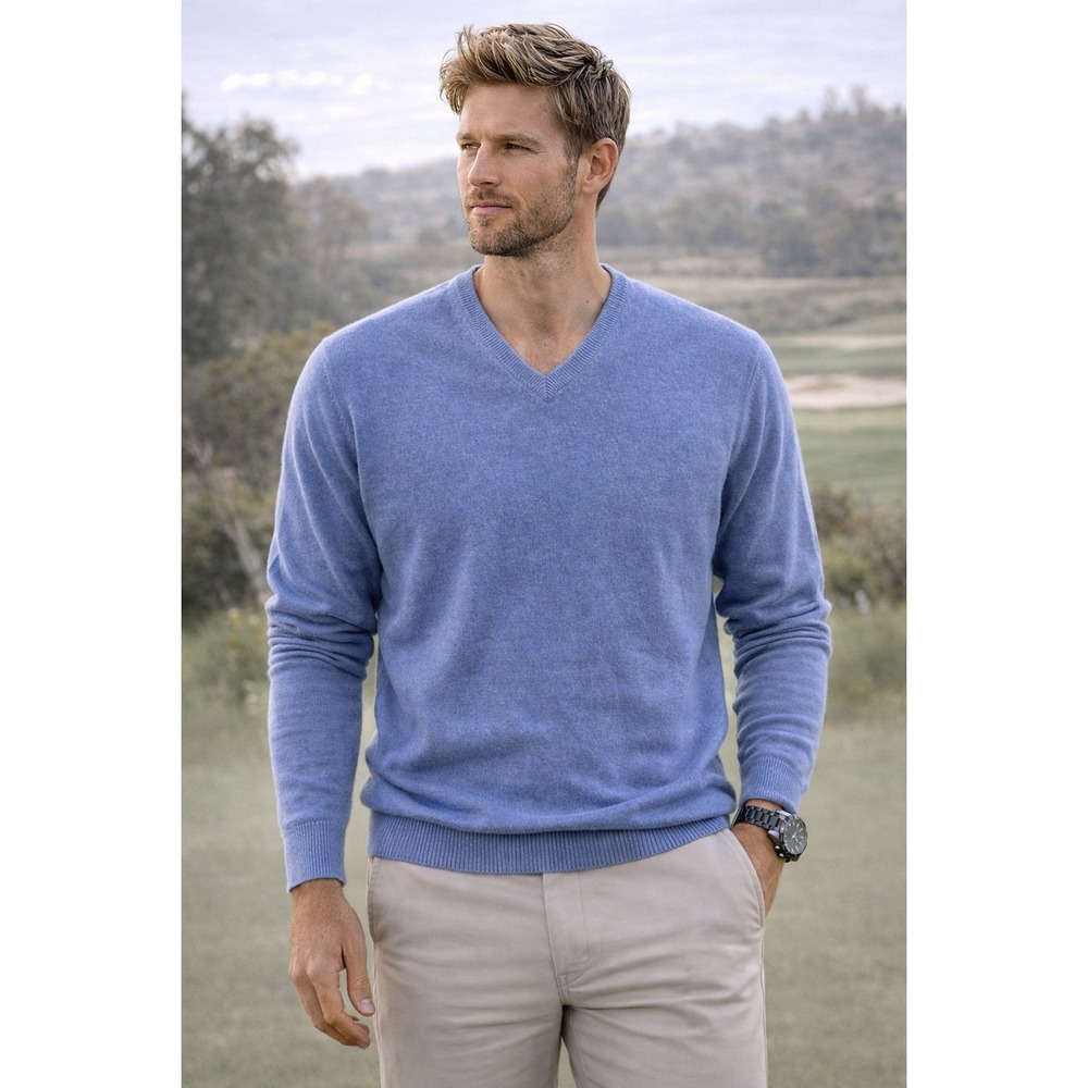Roundtree &‎ Yorke L V Neck Sweater Angora Lambswool Cashmere Blue Soft Luxury